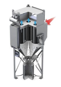 3D prikaz industrijskog otprašivača sa više filtarskih uložaka, sistemom za regeneraciju i konusnim rezervoarom za sakupljanje prašine