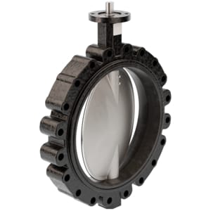 Industrijski leptirasti ventil sa centralnom pločom i zupčastim kućištem za montažu aktuatora.