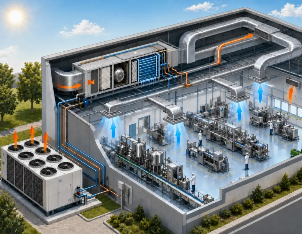 Šema rashladnog sistema u okviru HVAC rešenja u proizvodnom pogonu